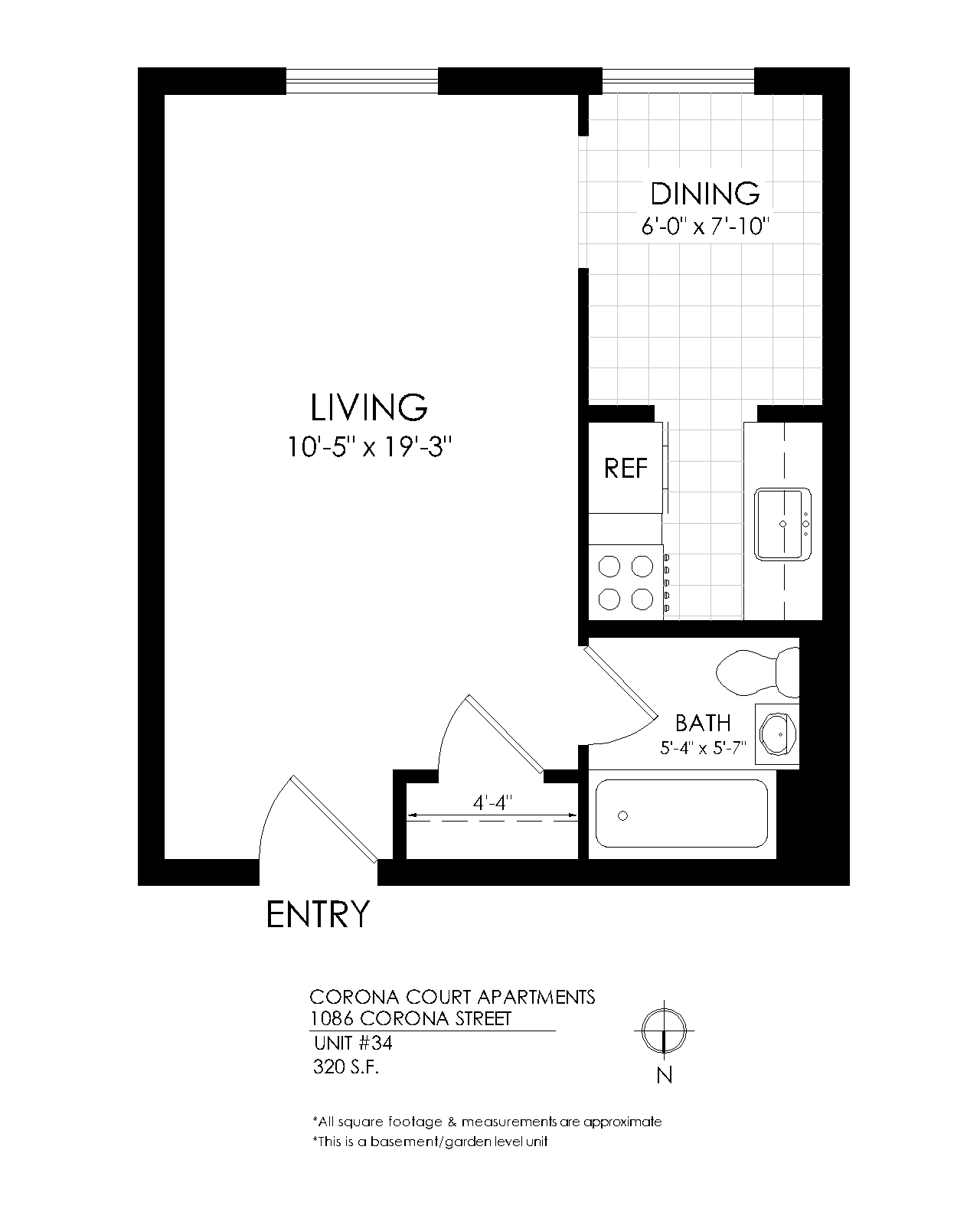 Floor plan for studio, 1 bath, 320 sqft